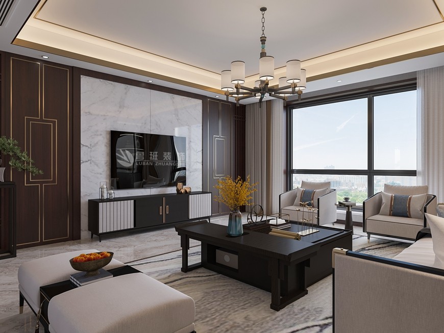 富力城四居室188平米新(xīn)中(zhōng)式風格客廳電(diàn)視背景牆設計