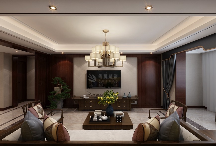 骊山(shān)下的院子四居室160平米簡中(zhōng)式風格客廳電(diàn)視牆