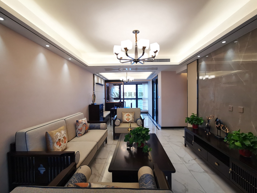 西安(ān)魯班裝(zhuāng)飾出品永和璞玉160平米新(xīn)中(zhōng)式實景照片——客廳設計實景照片
