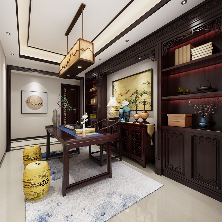 西安(ān)魯班裝(zhuāng)飾出品恒大江灣240平米複式新(xīn)中(zhōng)式設計郝珮宇主筆(bǐ)設計——書房設計效果圖