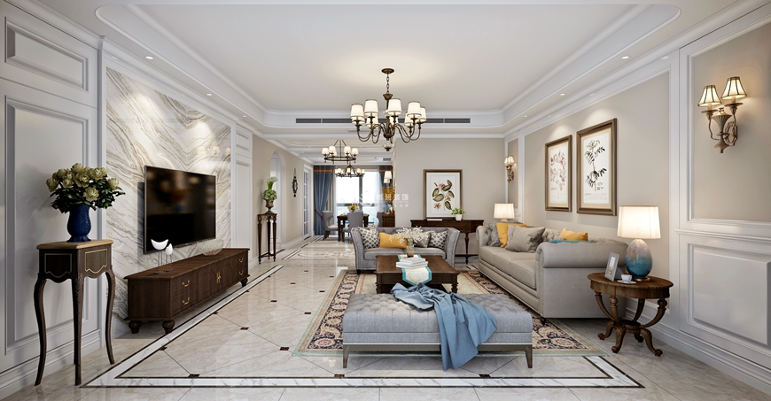 魯班裝(zhuāng)飾出品金水灣四居室160平米現代美式設計王盟主筆(bǐ)設計——客廳電(diàn)視牆背景牆設計效果圖