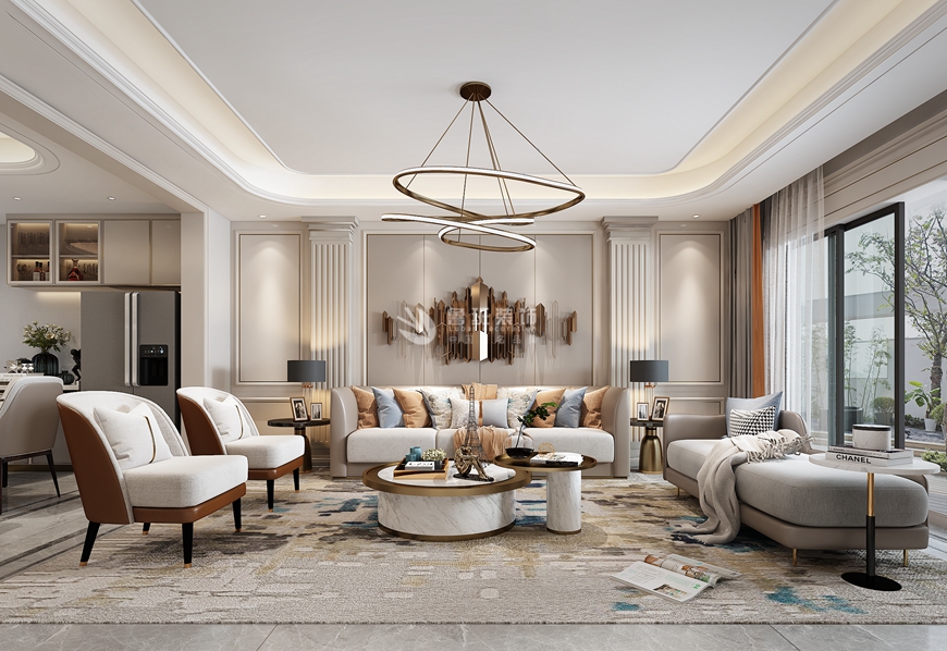 西安(ān)魯班裝(zhuāng)飾出品科(kē)為(wèi)城墅172平米四居室現代輕奢風格設計楊立邦設計師主筆(bǐ)——客廳沙發背景牆設計效果圖